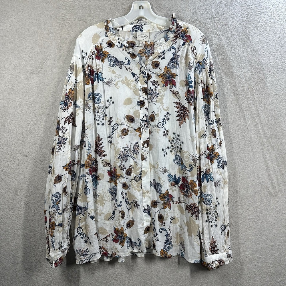 St Johns Bay Gauzy Button Front Blouse Sz 3X Ivory Floral Relaxed Lightweight